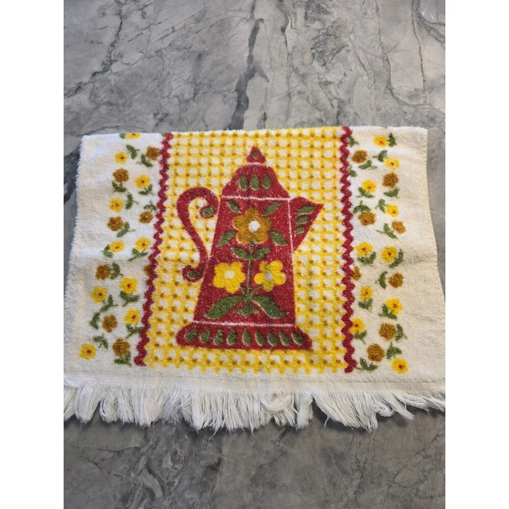 Vintage 1970s Kitchen Hand Towel Coffee Pot Tea Kettle Floral Lattice Fringe Ret